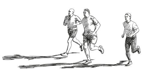 Sketch of three running men with long shadow, Hand drawn vector illustration