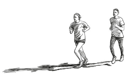 Sketch of running people with long shadow, Hand drawn vector illustration