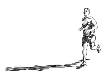 Sketch of running man with long shadow, Hand drawn vector illustration