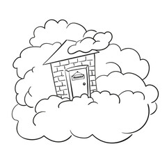 Entrance to paradise doodle, Door in wall on fluffy cloud, Sign on door with inscription Heaven, Vector cartoon style illustration black drawing on white background