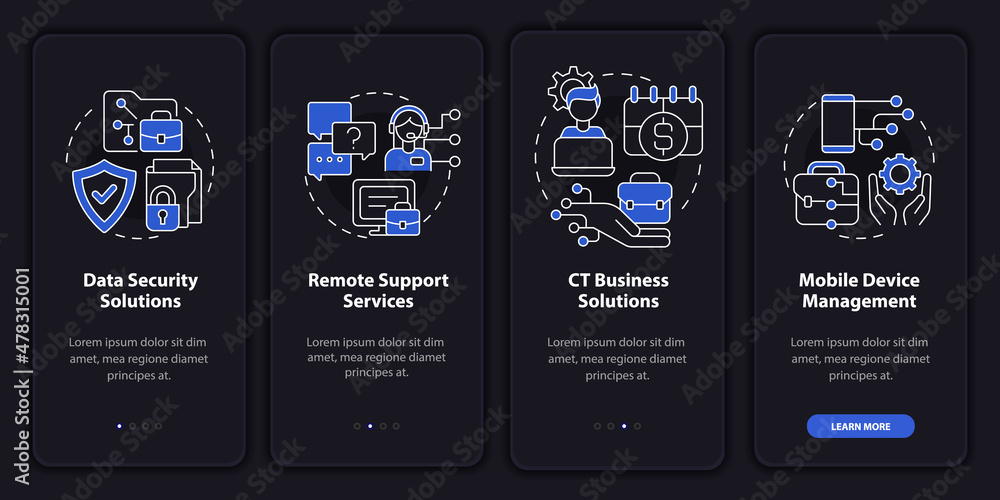 Aufkleber corporate computer service night mode onboarding mobile app screen. walkthrough 4 steps graphic inst