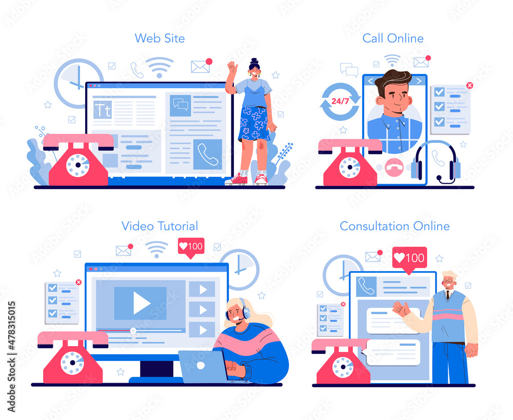 Poster call center or helpline online service or platform set. support operator