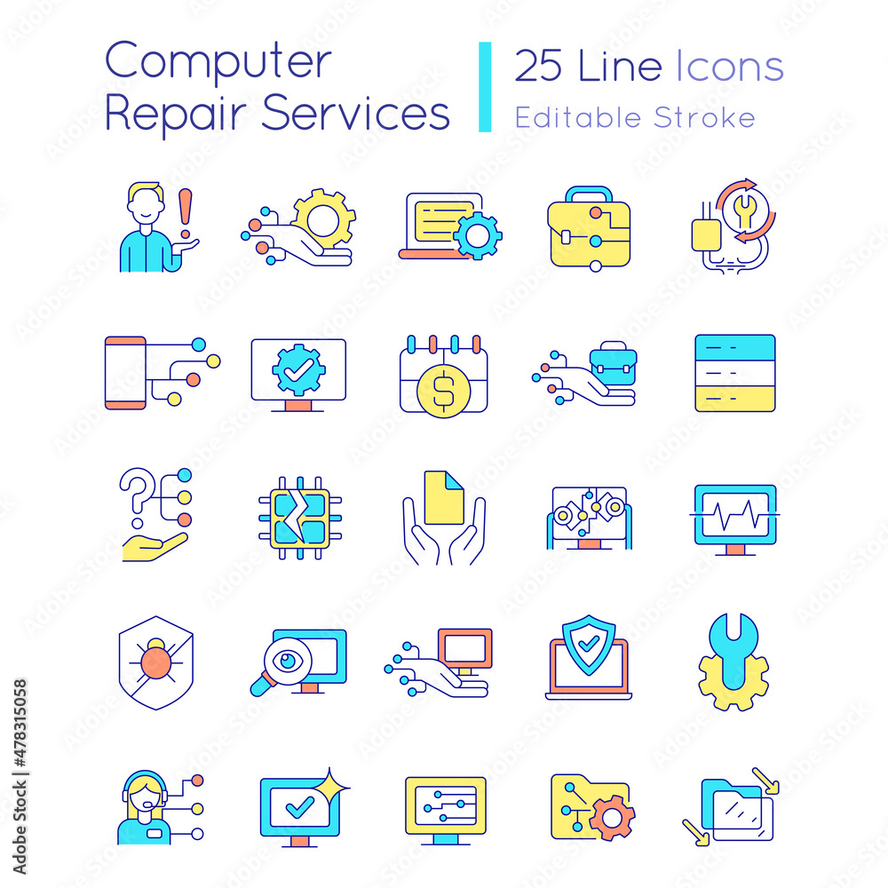 Poster computer maintenance rgb color icons set. breakdowns repair. hardware and software. isolated vector 