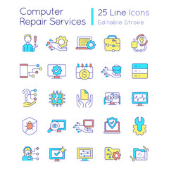 Computer maintenance RGB color icons set. Breakdowns repair. Hardware and software. Isolated vector illustrations. Simple filled line drawings collection. Editable stroke. Quicksand-Light font used
