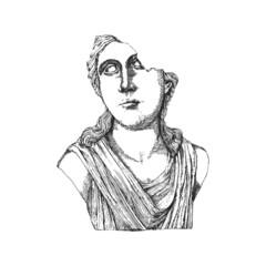 Greek female head sculpture, old vector sketch.