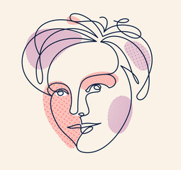 Abstract face girl vector portrait, abstraction art woman head, hand drawn minimal modern artwork, painted human facial abstraction.