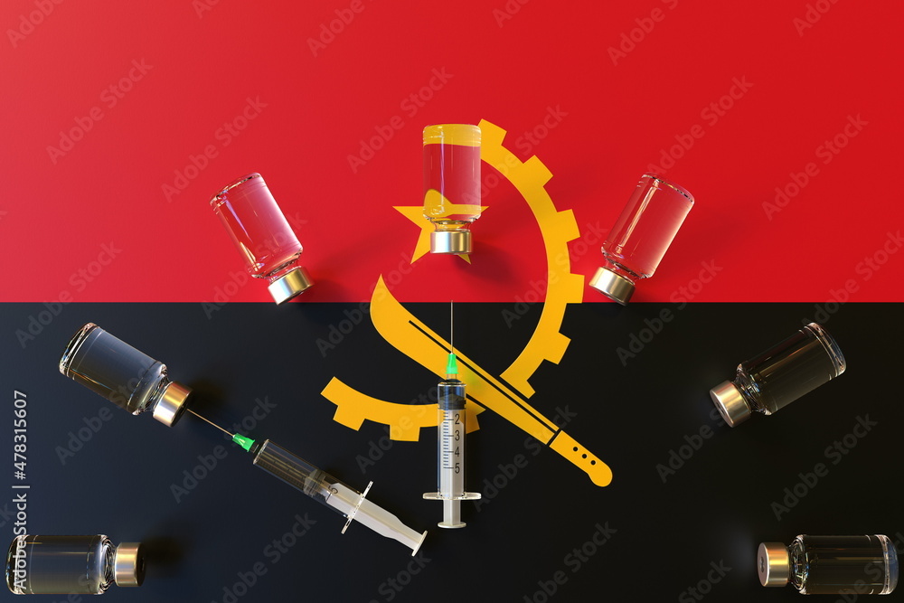 Poster flag of angola and syrines with vaccine vials. vaccination time concept 3d rendering