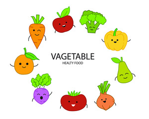 set of cute vegetables and fruits illustrations in kawaii styles. objects illustrated in characters with funny faces. vector illustration for element design.