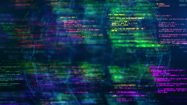 Developer working on program code. Hack or protection data. Website scripts digits and commands at computer screen. Modern hi-tech software development and blockchain concept. 3D technology background