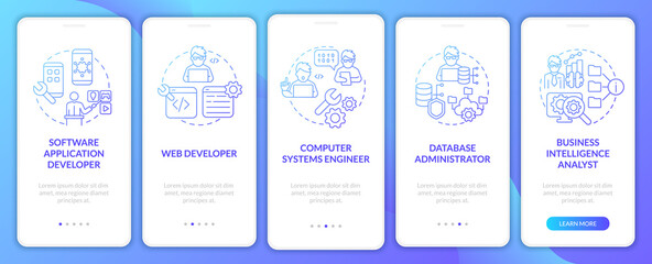 Jobs coders can get blue gradient onboarding mobile app screen. Work walkthrough 5 steps graphic instructions pages with linear concepts. UI, UX, GUI template. Myriad Pro-Bold, Regular fonts used