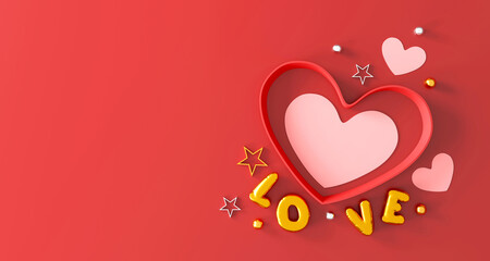 happy valentine's day background. decorative festive object, heart shaped and love word text balloons, greeting card. holiday banner design. top view. flat lay. 3D illustration