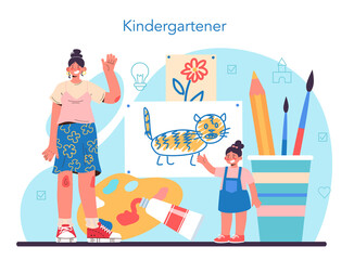 Kindergartener. Professional nany and children playing toys and educational