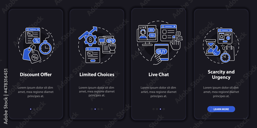 Poster landing page set night mode onboarding mobile app screen. internet ads walkthrough 4 steps graphic i