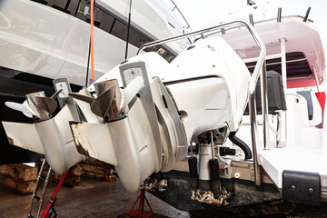 Motor propellers for motor yachts and boats close-up. The motors are installed at the stern of the...
