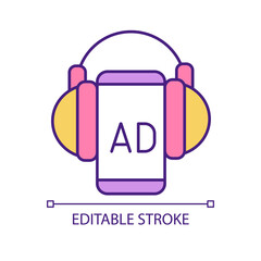 Podcast advertisement RGB color icon. Business promotion channel. Digital marketing strategy. Isolated vector illustration. Simple filled line drawing. Editable stroke. Arial font used