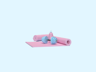 3d render. Fitness and healthy lifestyle. There are dumbbells and a bottle of water on the gymnastics mat. Sports activities. Minimalist style