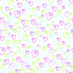 Hearts drawn with a thin line. Seamless background of hearts ornament. Multicolored illustration on a white background. Pink, green, purple. Threads in the shape of rounded hearts.