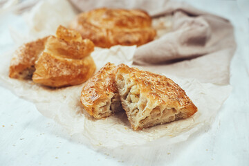 Puff pastry, vertuta or placinda baked goods with potatoes