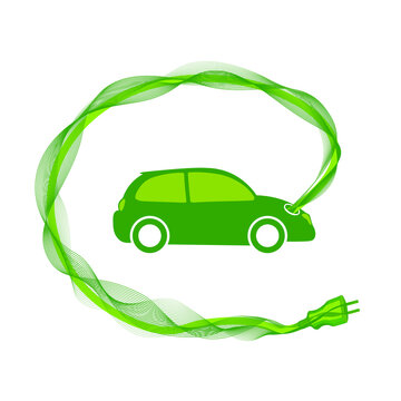 Gr&uuml;nes Elektroauto mit Ladekabel von vorne in gr&uuml;ner Farbe auf wei&szlig;em Hintergrund.