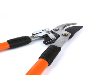 Pruning shears (hedge cutting shears) on a white background, copy space