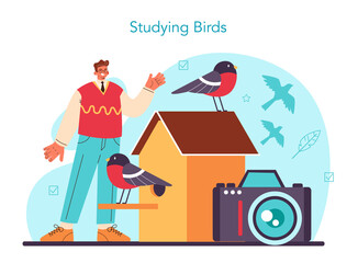 Ornithologist concept. Professional scientist studying birds species,