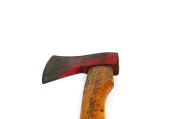 An old used, weathered and rusted axe shot on a white background, copy space