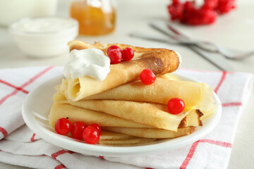 Concept of tasty food with crepes, close up