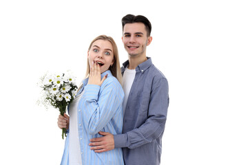 Cute couple with bouquet isolated on white background