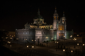 Madrid, Spain, October 2019 - view of the Cathedral Santa Maria la Real la Almudena by the night