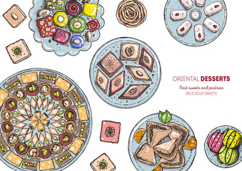 Oriental sweets vector illustration. Middle eastern food, hand drawn. Food menu background.
