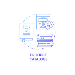 Product catalog blue gradient concept icon. Showcasing items. Customer touchpoints abstract idea thin line illustration. Isolated outline drawing. Roboto-Medium, Myriad Pro-Bold fonts used