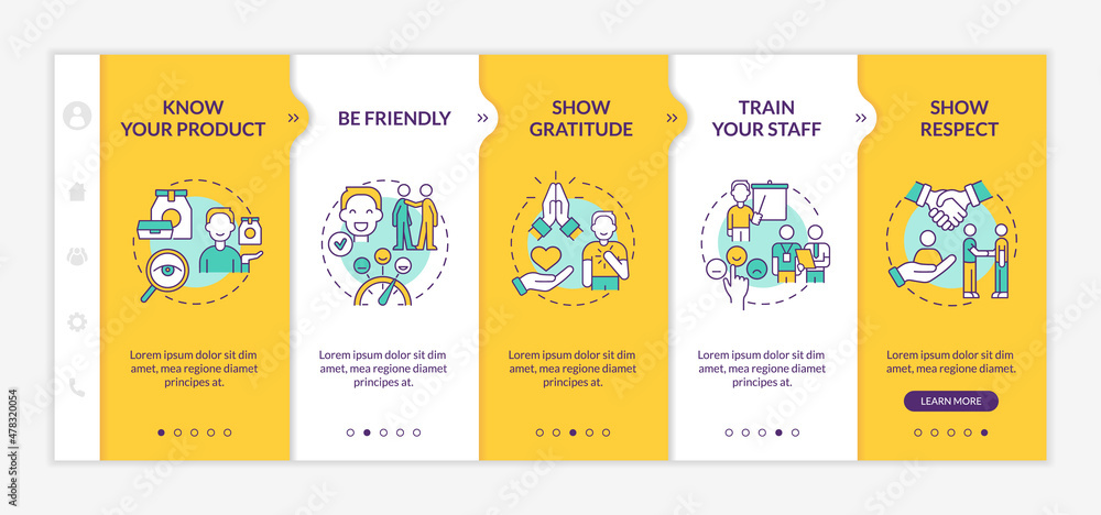 Aufkleber customer service yellow onboarding template. excellent client support. responsive mobile website wit
