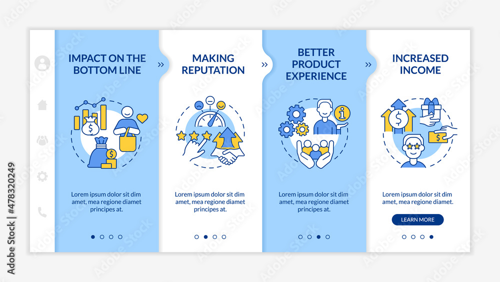 Poster benefits of customer service blue and white onboarding template. responsive mobile website with line
