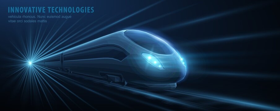 Fast modern express passenger train on high speed railway moving from flash light