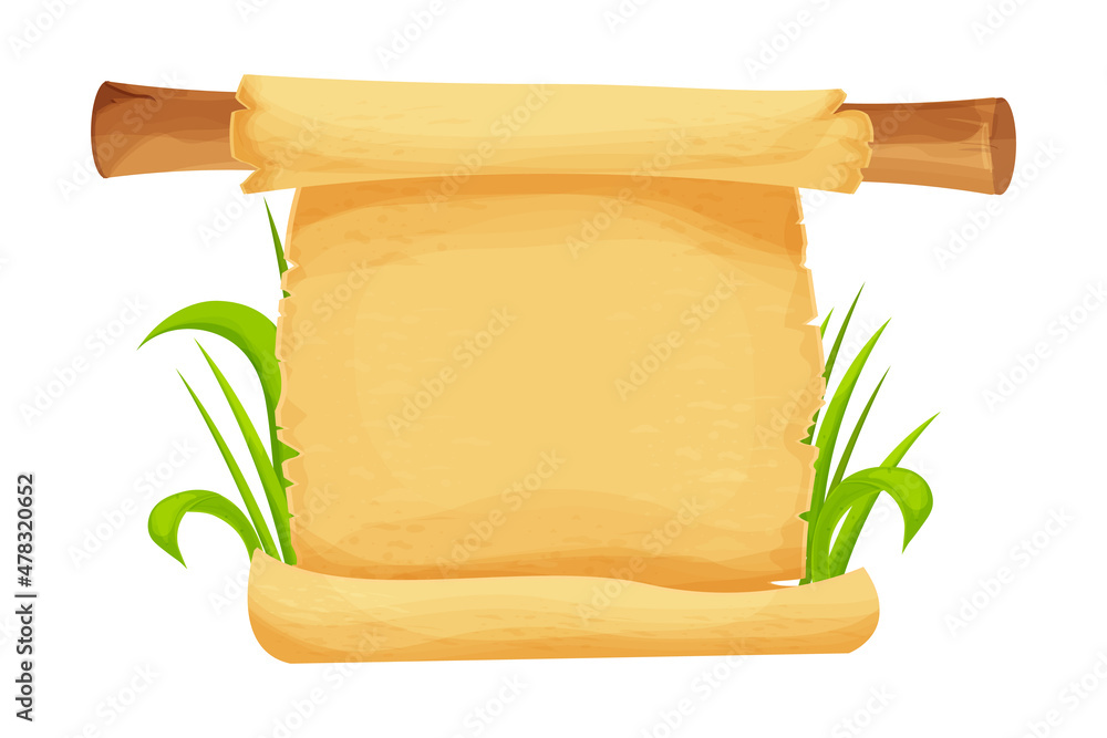 Wall mural parchment scroll on bamboo stick with grass in cartoon style isolated on white background. game asse