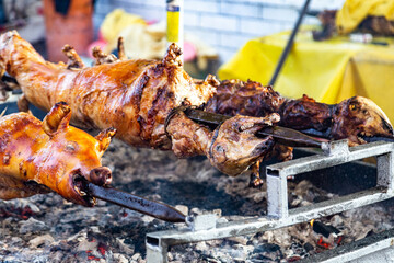 Whole pig and roasting on a spit