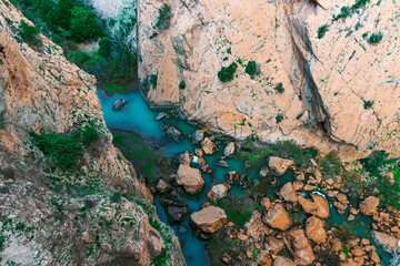 Caminito del Rey walking trail , Kings little pathway, Beautiful views of El Chorro Gorge, Ardales, Malaga, Spain.