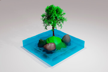 Tree on small island.
Stones around the tree. 3D illustration. 3D rendering