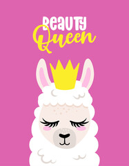 Llama Queen - funny vector quotes and llama drawing. Lettering poster or t-shirt textile graphic design. Amazing llama character illustration on isolated pink background. Happy Valentine's Day.