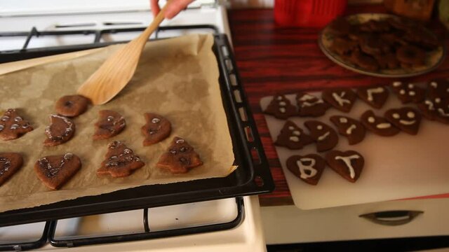 Making cookies. Molding cookie dough. Female hands making cookies on table in kitchen (Soviet Union old flat)
