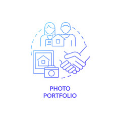 Fototapeta premium Photo portfolio blue gradient concept icon. Rental estate ads. Property management abstract idea thin line illustration. Isolated outline drawing. Roboto-Medium, Myriad Pro-Bold fonts used