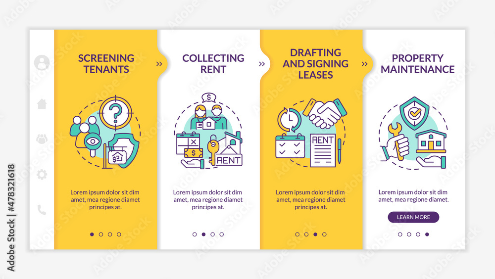 Poster responsibilities of property manager yellow onboarding template. agency work. responsive mobile webs