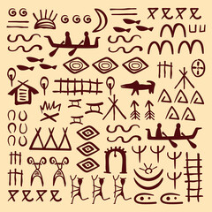 Ethnic Tribal symbols . Stylized vector illustration of rock painting background.