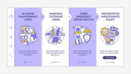 Maintenance, repairs and remodeling purple and white onboarding template. Responsive mobile website with linear concept icons. Web page walkthrough 4 step screens. Lato-Bold, Regular fonts used