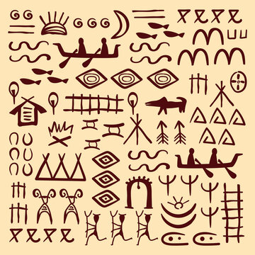 Ethnic Tribal symbols . Stylized vector illustration of rock painting background.