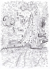 Abstract surrealist painting of large Christmas tree and city view with small people. Use for book illustration, print, card, festive poster. Original ink pen artwork. Surrealist art concept.