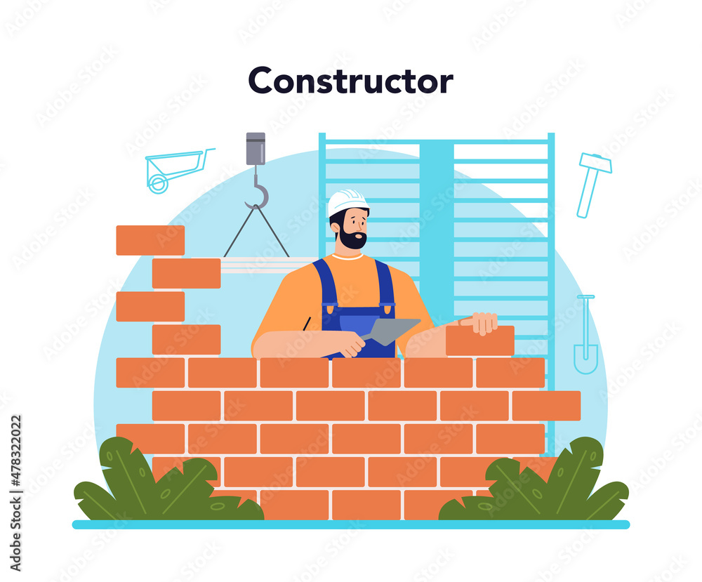 Poster constructor concept. house and road building process. workers constructing