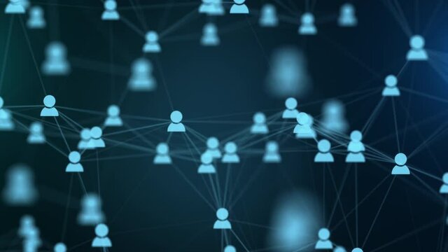 Social networks and interaction concept. Virtual icons of network community with connected anonimous people. Global network connecting with points and lines. Cyber technologies link background