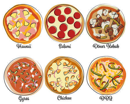Drawing Pizza Toppings Part 03 / Zeichnungen Pizza Beläge Teil 03: Hawaii, Salami, Döner Kebab, Gyros, Chicken, BBQ