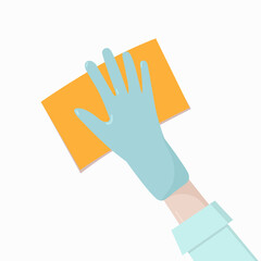 Cleaning napkin in the hands of a houseworker. Wipe with a cloth, microfiber, blue gloves.